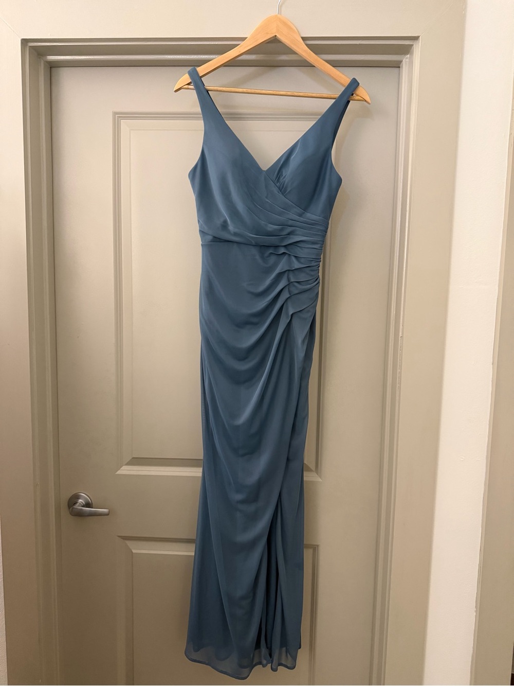 Azazie Slate Blue V-Neck Ruched Maxi Dress